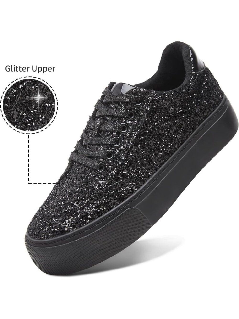 Women's Black Glitter Casual Sequin Sparkly Bling Thick Sole Walking Sneakers - Picture 3 of 6